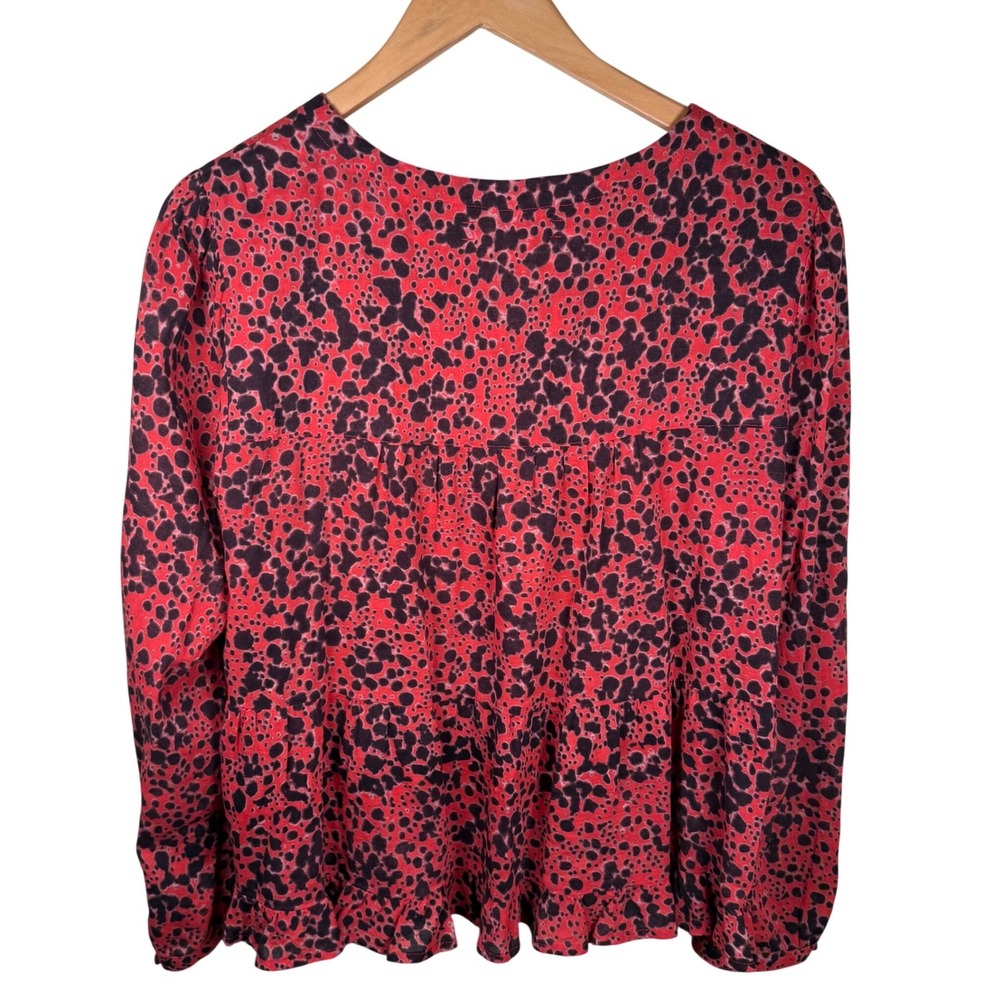 Xirena Scarlet Blouse Women Size M Red Black Animal Print Cotton Ruffle Office - Picture 8 of 8